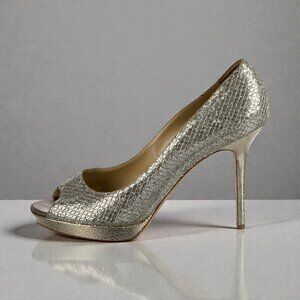 JIMMY CHOO Gold Metallic Leather Peeptoe Heels Size 40 / US 10